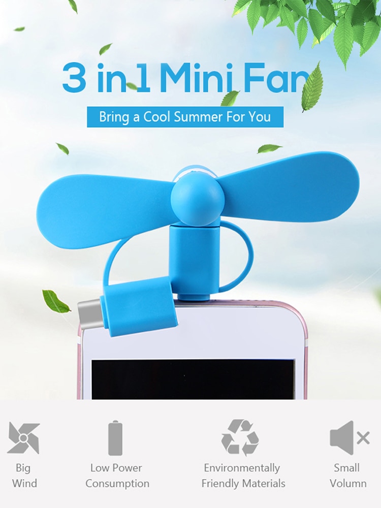 Phone Fan Portable USB Cooling Fan Low Noise Lightweight 3 in 1 Mini Phone Fan for iPhone/Android OTG Smartphones