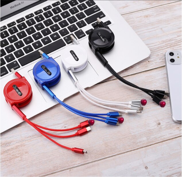 3 in 1 Charging Cable Mobile Phone Tyep C Charging Cord Retractable Micro USB Phone Cable with 3 Connectors