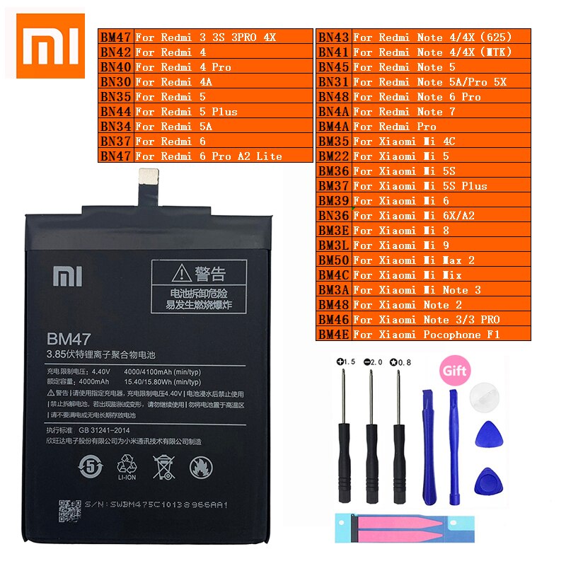 Xiaomi Original Redmi Hongmi Note Mi Max 2 A2 3 3S 4 4A 4C 4X Mix 5 5A 5X 5S 6 6X 7 8 9 Lite Plus Pro Pocophone F1 Phone Battery