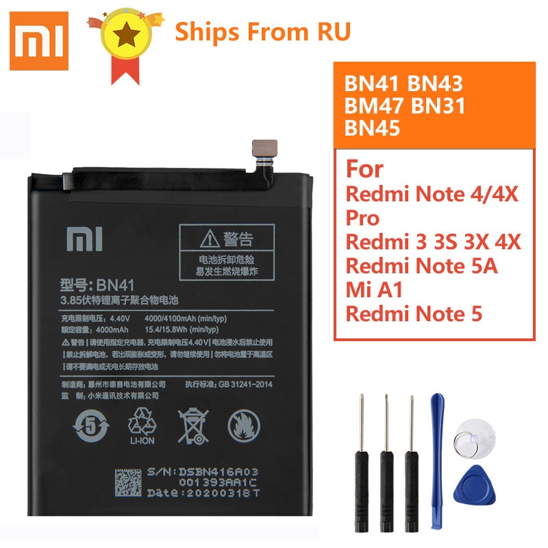 Original Battery BN41 BN43 BM47 For Xiaomi Redmi Note 4 Hongmi Note4 Pro Note4X MTK Helio X20 Redmi 3 3S Mi5X Mi note2 BN31 BN45