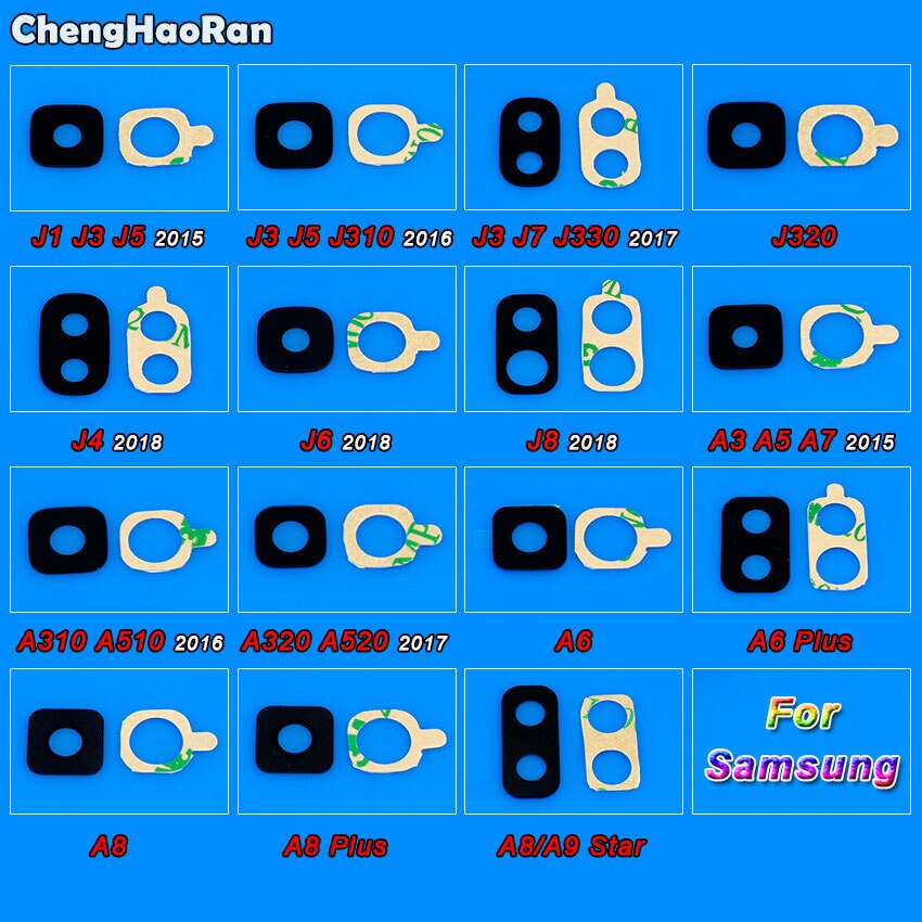 ChengHaoRan Rear Back Camera Glass Lens with Sticker for Samsung Galaxy J1 J3 J5 J7 J320 J4 J6 J8 A3 A5 A7 A6 A8 Plus A9 Star