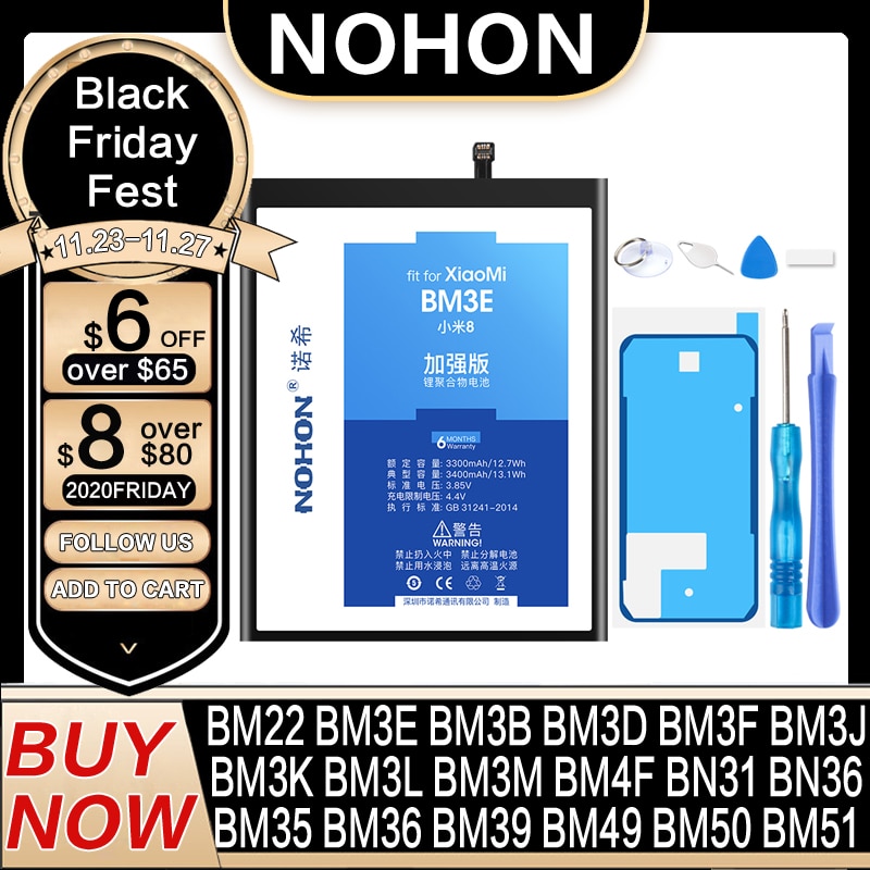 NOHON BM3E BM3B BM3L BM22 BM36 BM39 BN31 Battery For Xiaomi Mi 9 8 SE Pro Lite 6 5 5S 4C 5X CC9 4 6X MIX MAX 2 3 BM49 BM50 BM51