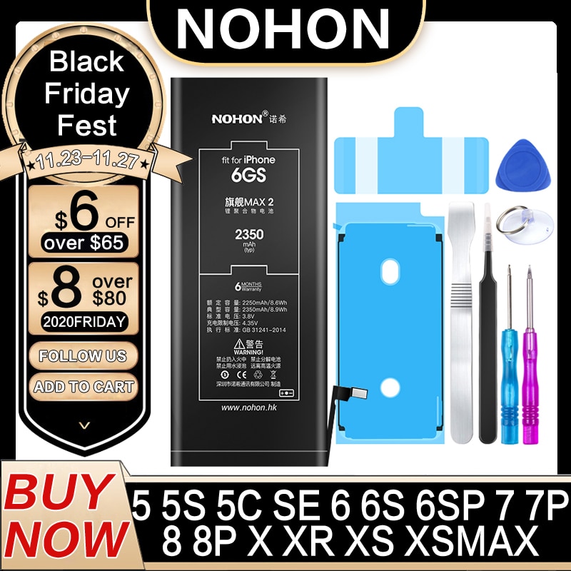 NOHON Battery For iPhone 6S 7 6 8 Plus iPhone X SE 2020 SE2 5 5S 5C XR XS MAX iPhone6s iPhone7 High Capacity Replacment Bateria