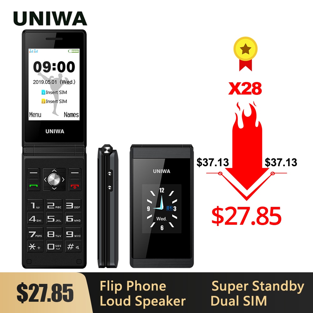 UNIWA X28 Big Push-Button Phone Senior Flip Mobile Phone GSM Dual Sim FM Radio Russian Hebrew Keyboard Clamshell Cellphone