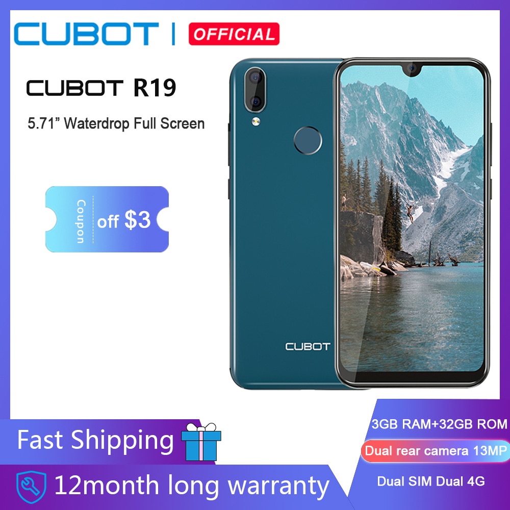 Cubot R19 Smartphone 5.71" Waterdrop Full Screen 3GB+32GB Android 9.0 Pie Helio A22 Dual Camera 13MP Face ID Cellura 4G LTE