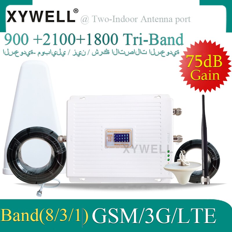 High Gain Three 4G Antennas 4G Signal Booster 900 1800 2100 Tri-Band Booster 2G 3G 4G LTE 1800 Cellular Mobile Signal Repeater