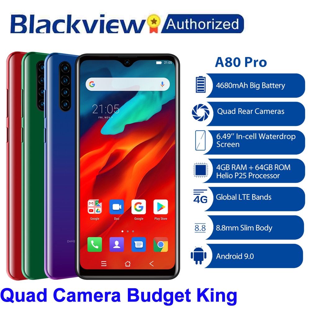 Blackview A80 Pro Quad Rear Camera Octa Core 4GB+64GB Mobile Phone 6.49" Waterdrop 4680mAh 4G Celular Smartphone Global Version