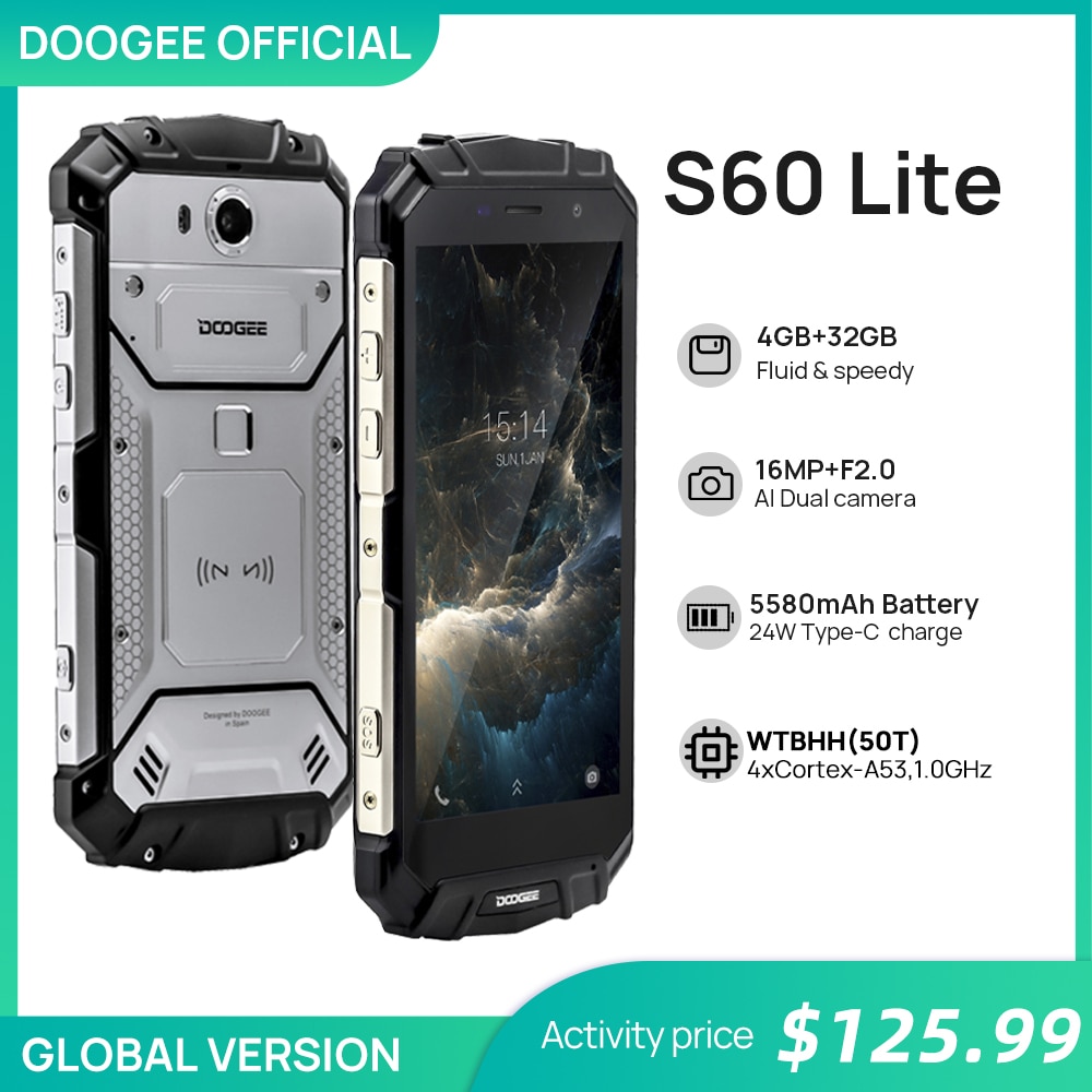 DOOGEE S60 Lite IP68 Wireless Charge Smartphone 5580mAh 12V2A Quick Charge 16.0MP 5.2'' FHD MTK6750T Octa Core 4GB RAM 32GB ROM