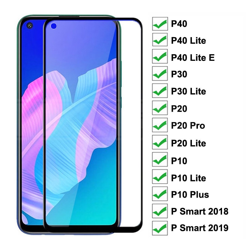 9D Protective Glass on For Huawei P20 Pro P10 Plus P30 P40 Lite E P Smart 2019 Tempered Screen Protector Glass Protection Film