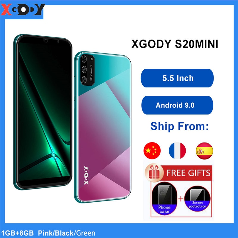 XGODY Smartphone Android 9.0 5.5" 18:9 Full Screen Dual SIM Mobile Phone 1GB 8GB Quad Core 5MP GPS WiFi 3G Cell Phones S20 Mini