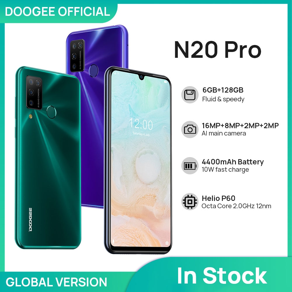 DOOGEE N20 Pro Quad Camera Mobile Phones Helio P60 Octa Core 6GB RAM 128GB ROM Global Version 6.3" FHD+ Android 10 OS Smartphone