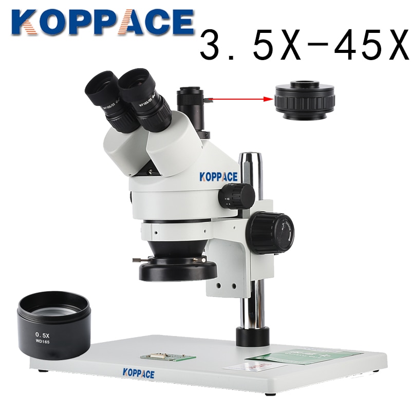 KOPPACE 3.5-45X Trinocular Mobile Phone Repair Microscope,WF10X/20 Eyepieces,144 LED Ring Light,Includes 0.5X Objective